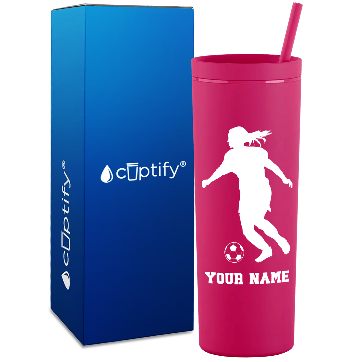 Personalized Soccer Player Female Silhouette on 18oz Acrylic Skinny Tumbler