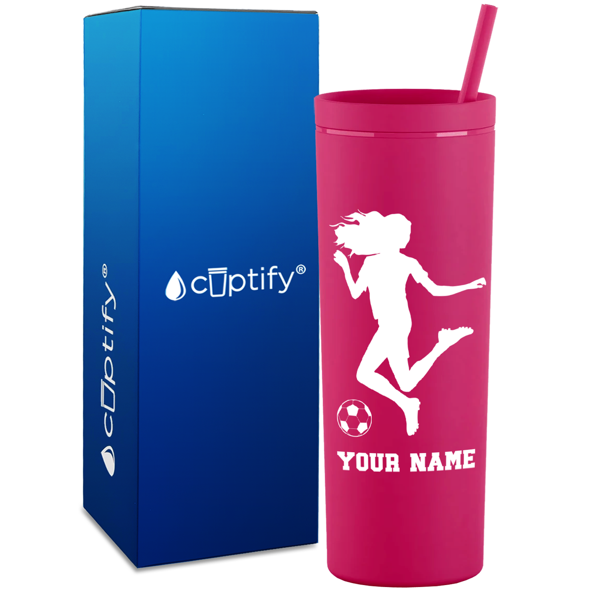 Personalized Soccer Player Female Kick on 18oz Acrylic Skinny Tumbler