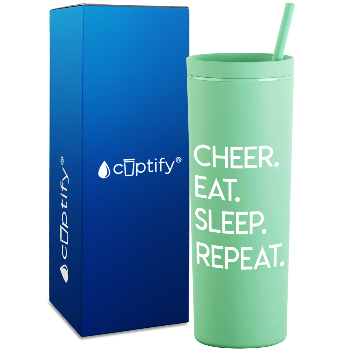 Eat Sleep Cheer Repeat on 18oz Acrylic Skinny Tumbler