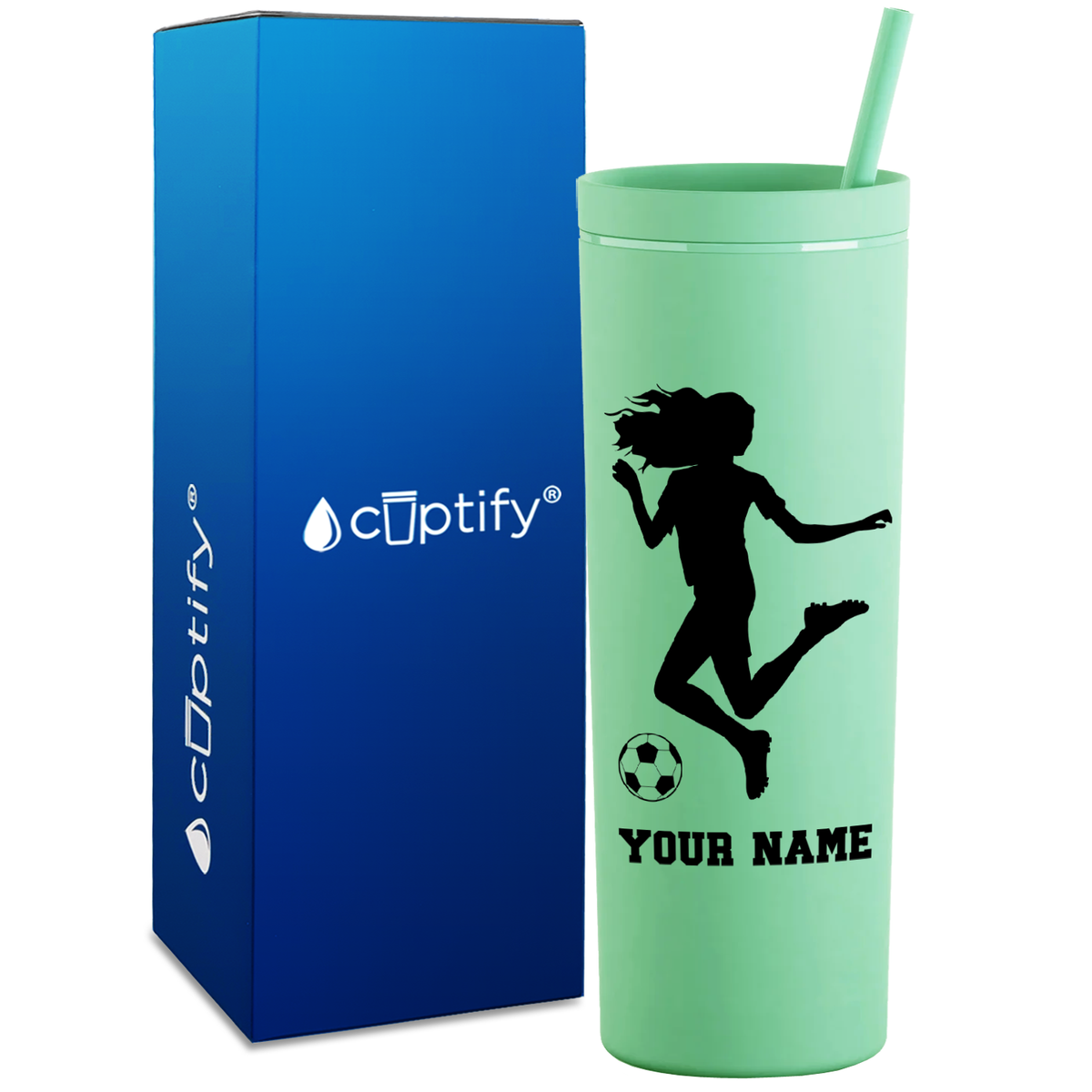 Personalized Soccer Player Female Kick on 18oz Acrylic Skinny Tumbler
