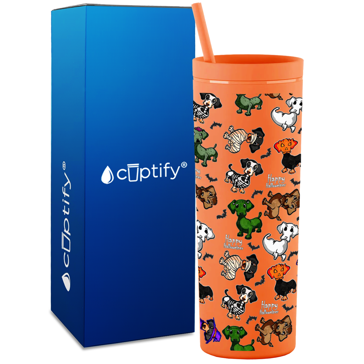 Personalized Happy Halloween Wiener Dog on 18oz Acrylic Skinny Tumbler