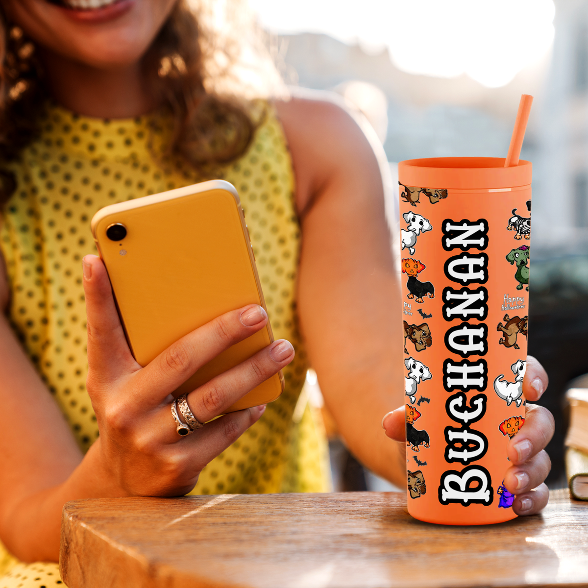 Personalized Happy Halloween Wiener Dog on 18oz Acrylic Skinny Tumbler