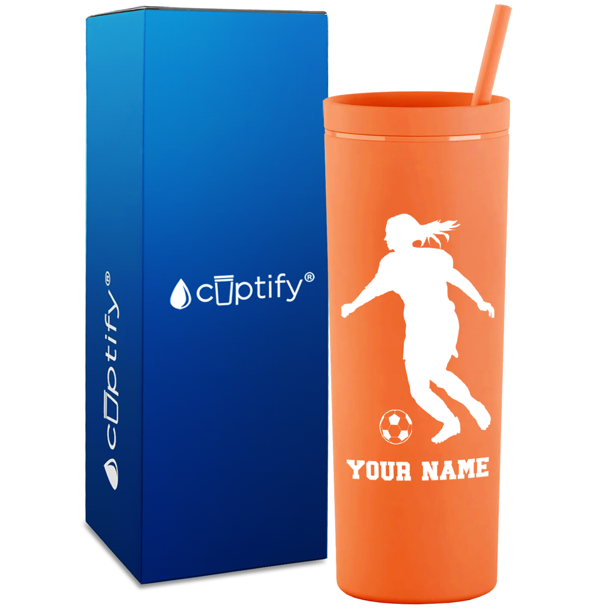 Personalized Soccer Player Female Silhouette on 18oz Acrylic Skinny Tumbler