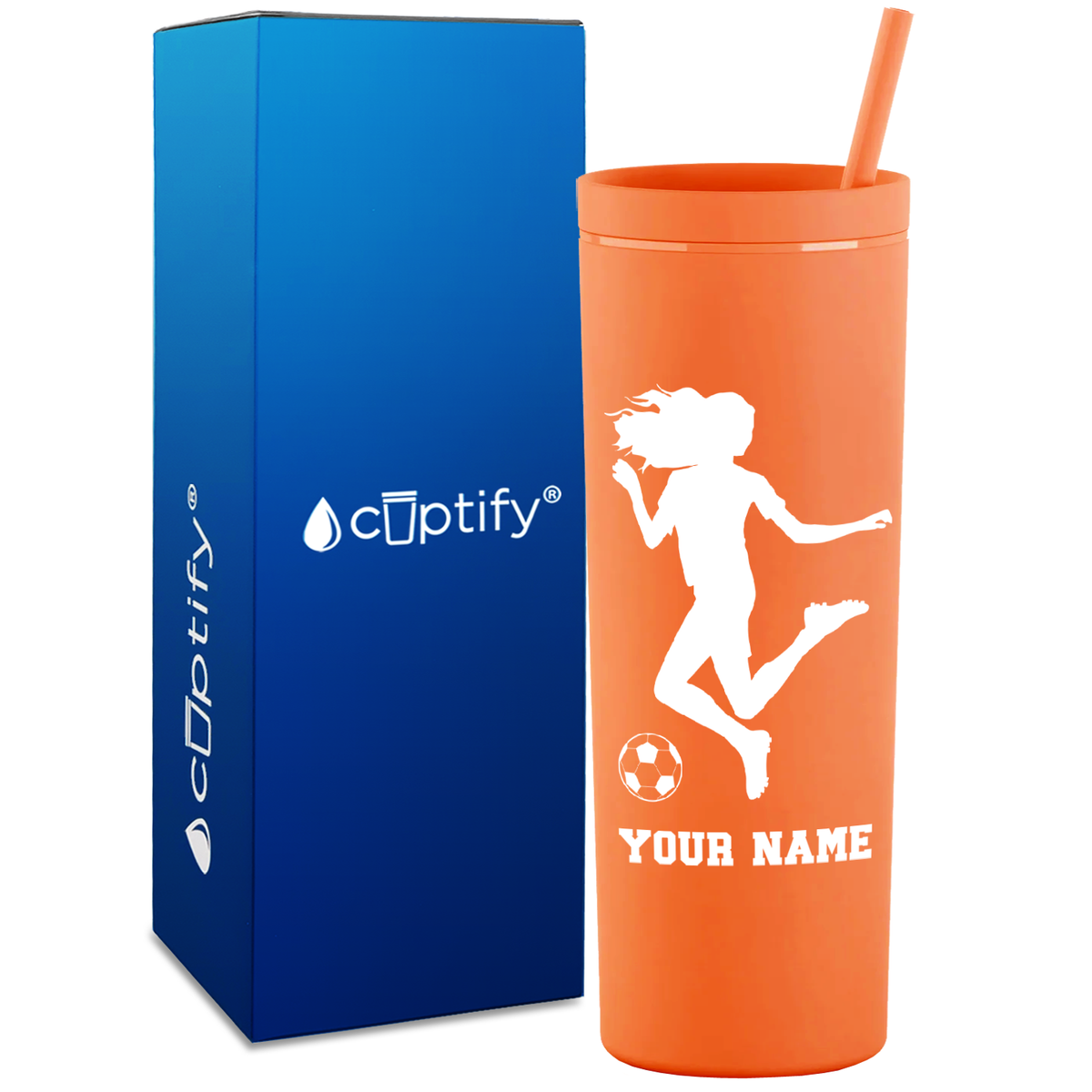 Personalized Soccer Player Female Kick on 18oz Acrylic Skinny Tumbler