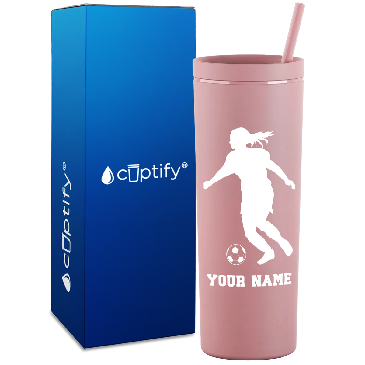 Personalized Soccer Player Female Silhouette on 18oz Acrylic Skinny Tumbler