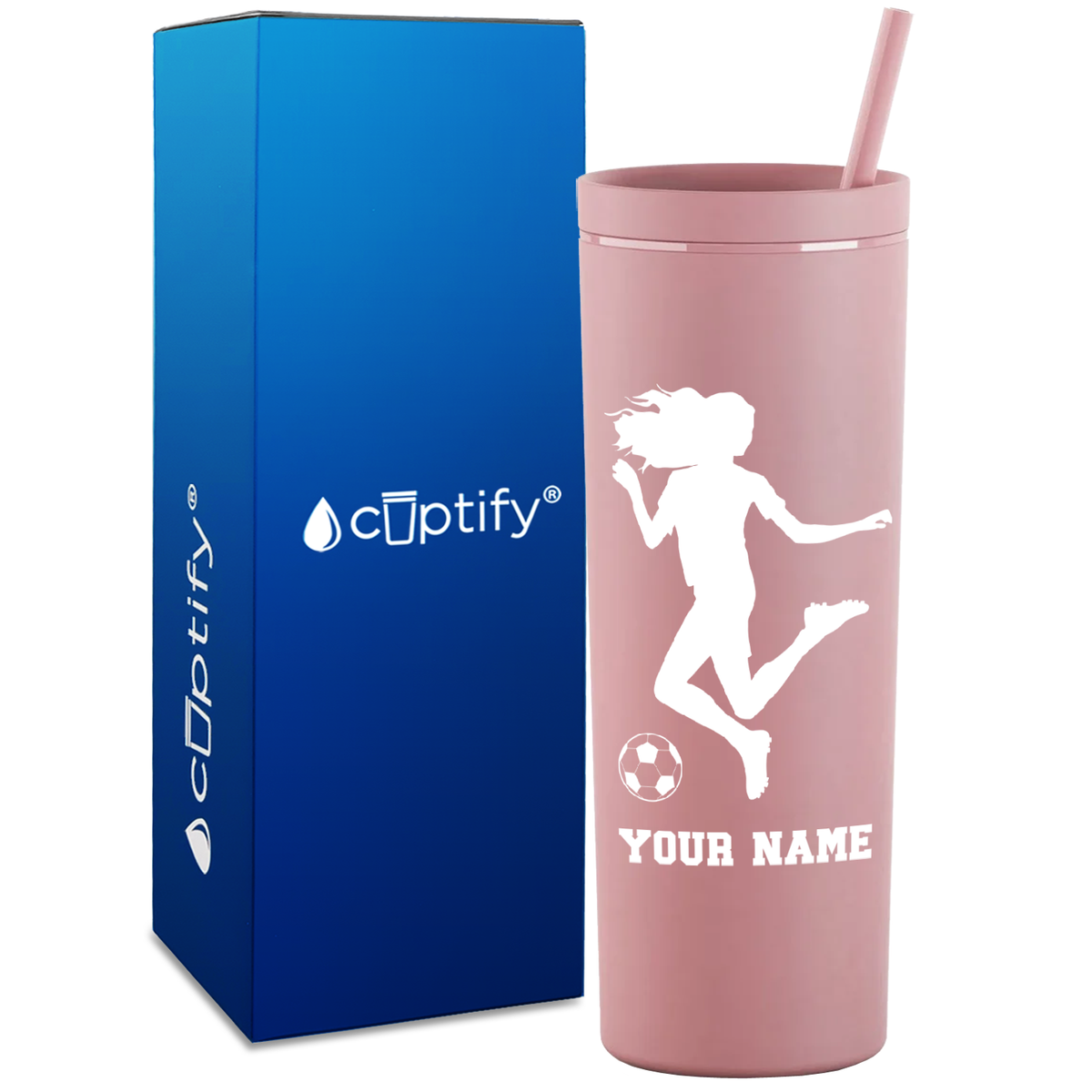 Personalized Soccer Player Female Kick on 18oz Acrylic Skinny Tumbler