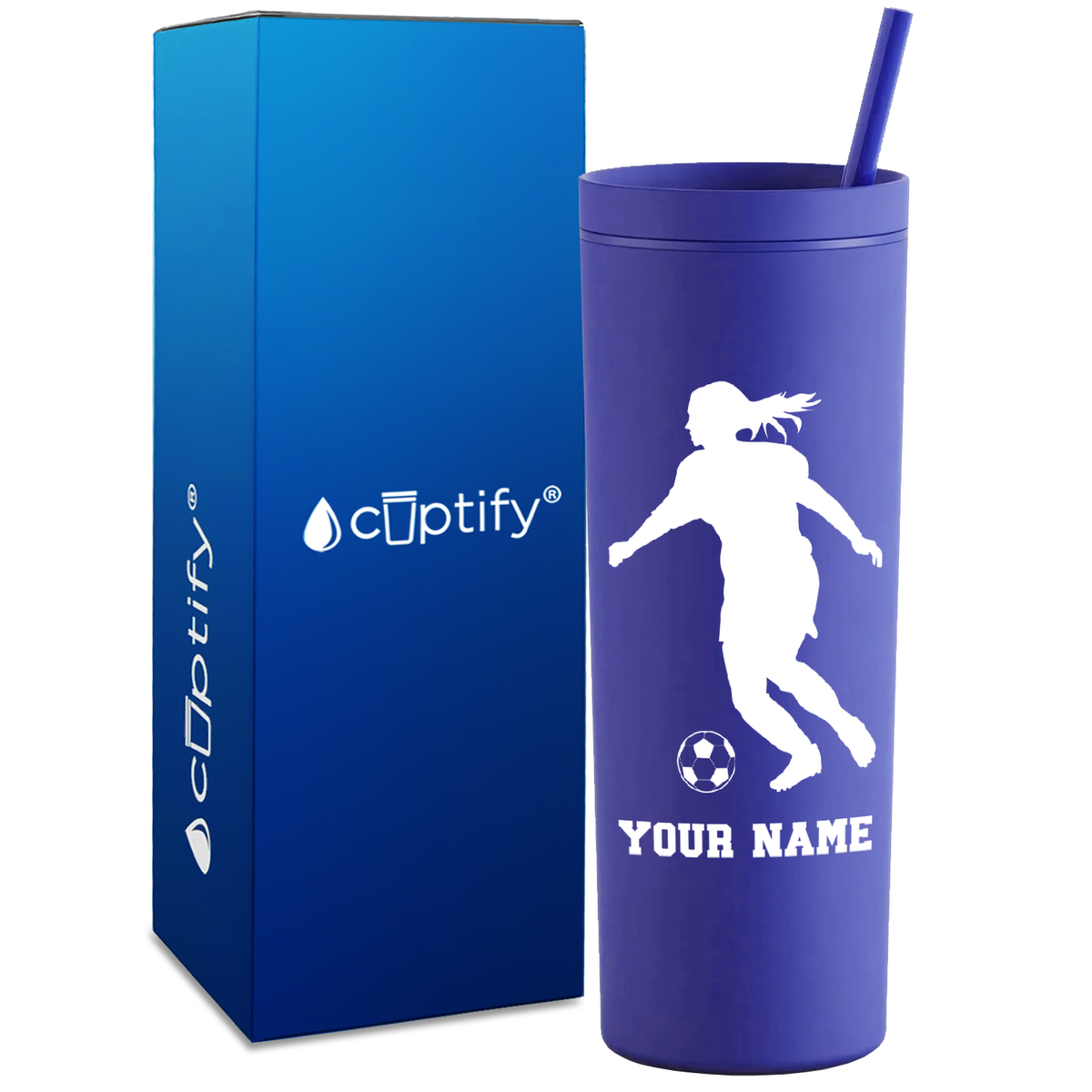 Personalized Soccer Player Female Silhouette on 18oz Acrylic Skinny Tumbler