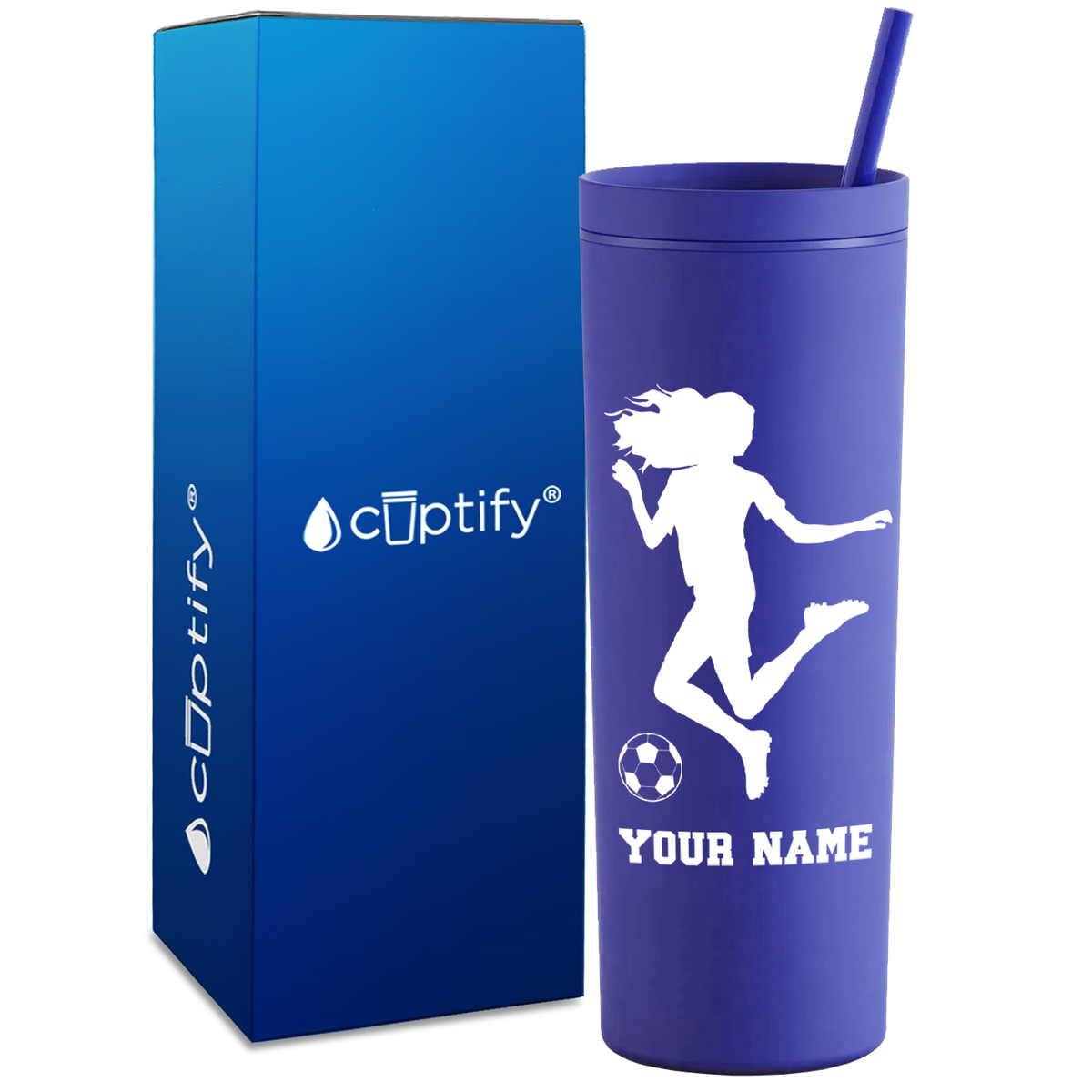 Personalized Soccer Player Female Kick on 18oz Acrylic Skinny Tumbler