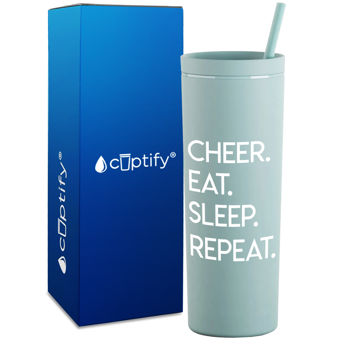Eat Sleep Cheer Repeat on 18oz Acrylic Skinny Tumbler