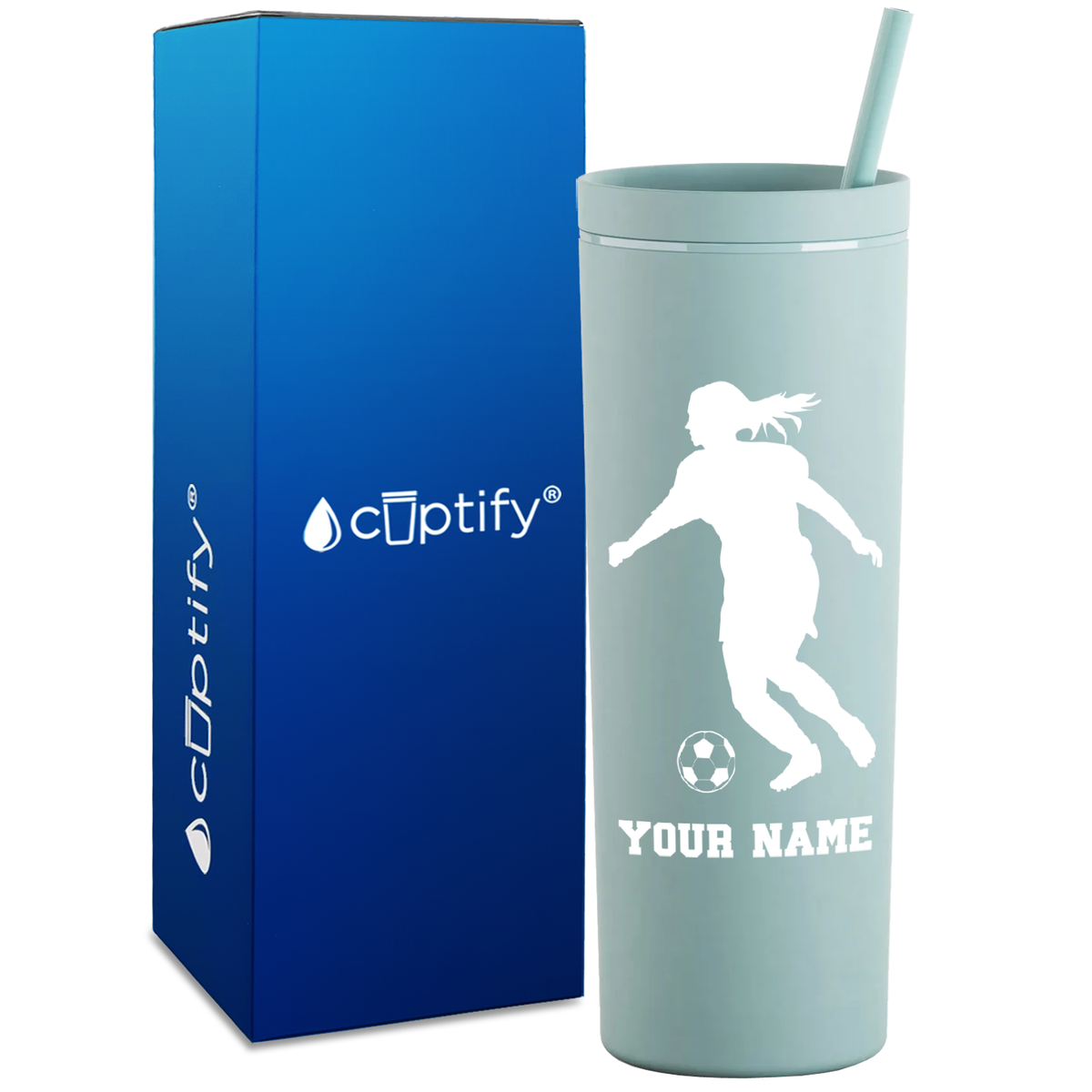 Personalized Soccer Player Female Silhouette on 18oz Acrylic Skinny Tumbler