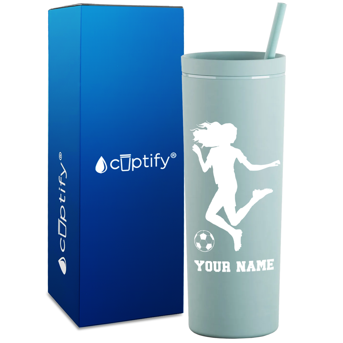 Personalized Soccer Player Female Kick on 18oz Acrylic Skinny Tumbler