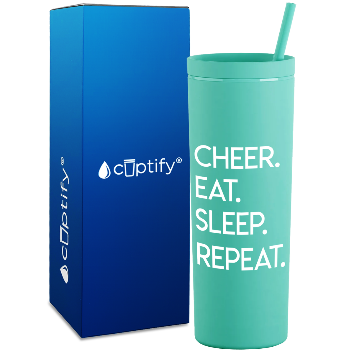 Eat Sleep Cheer Repeat on 18oz Acrylic Skinny Tumbler