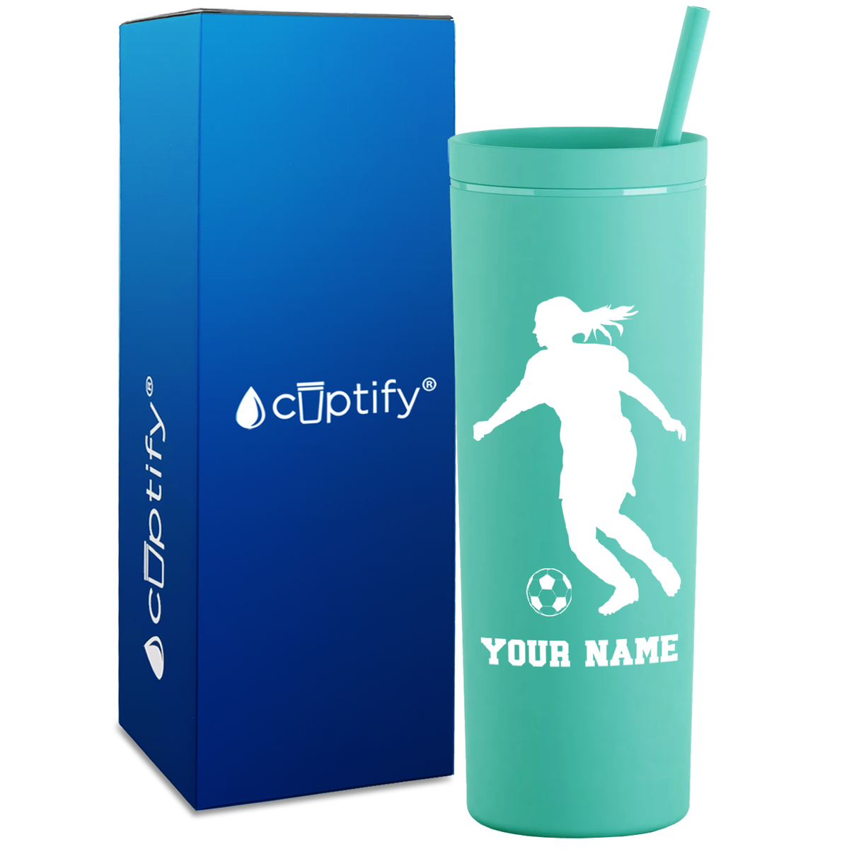 Personalized Soccer Player Female Silhouette on 18oz Acrylic Skinny Tumbler