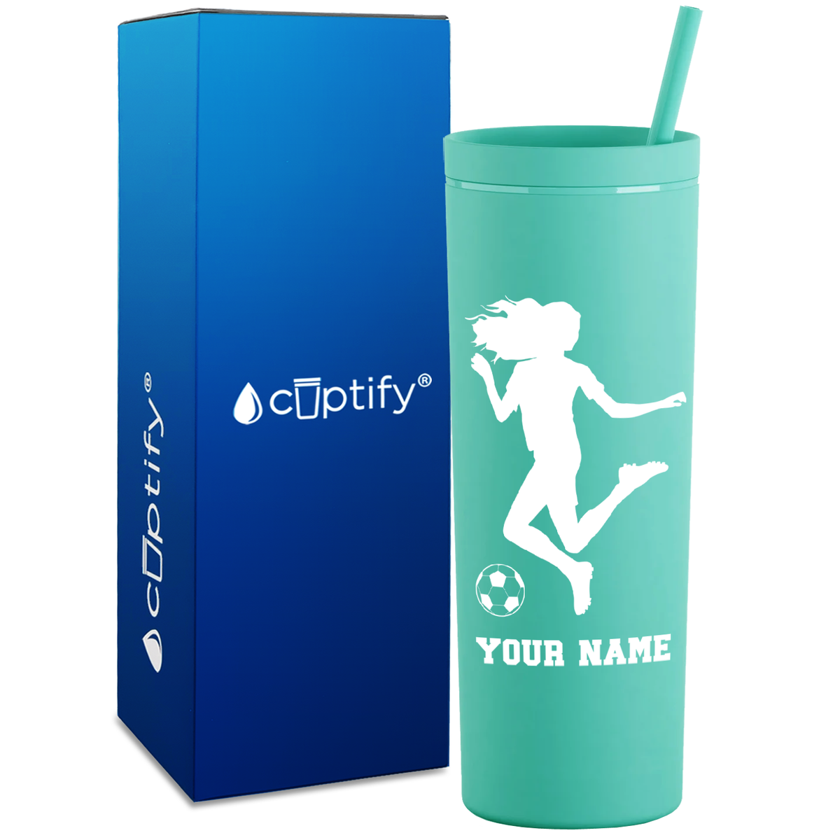 Personalized Soccer Player Female Kick on 18oz Acrylic Skinny Tumbler