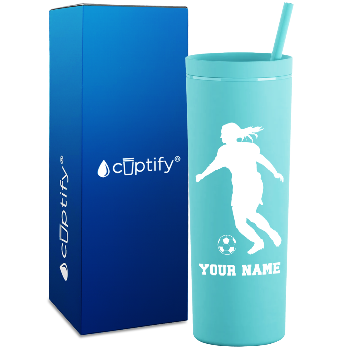 Personalized Soccer Player Female Silhouette on 18oz Acrylic Skinny Tumbler