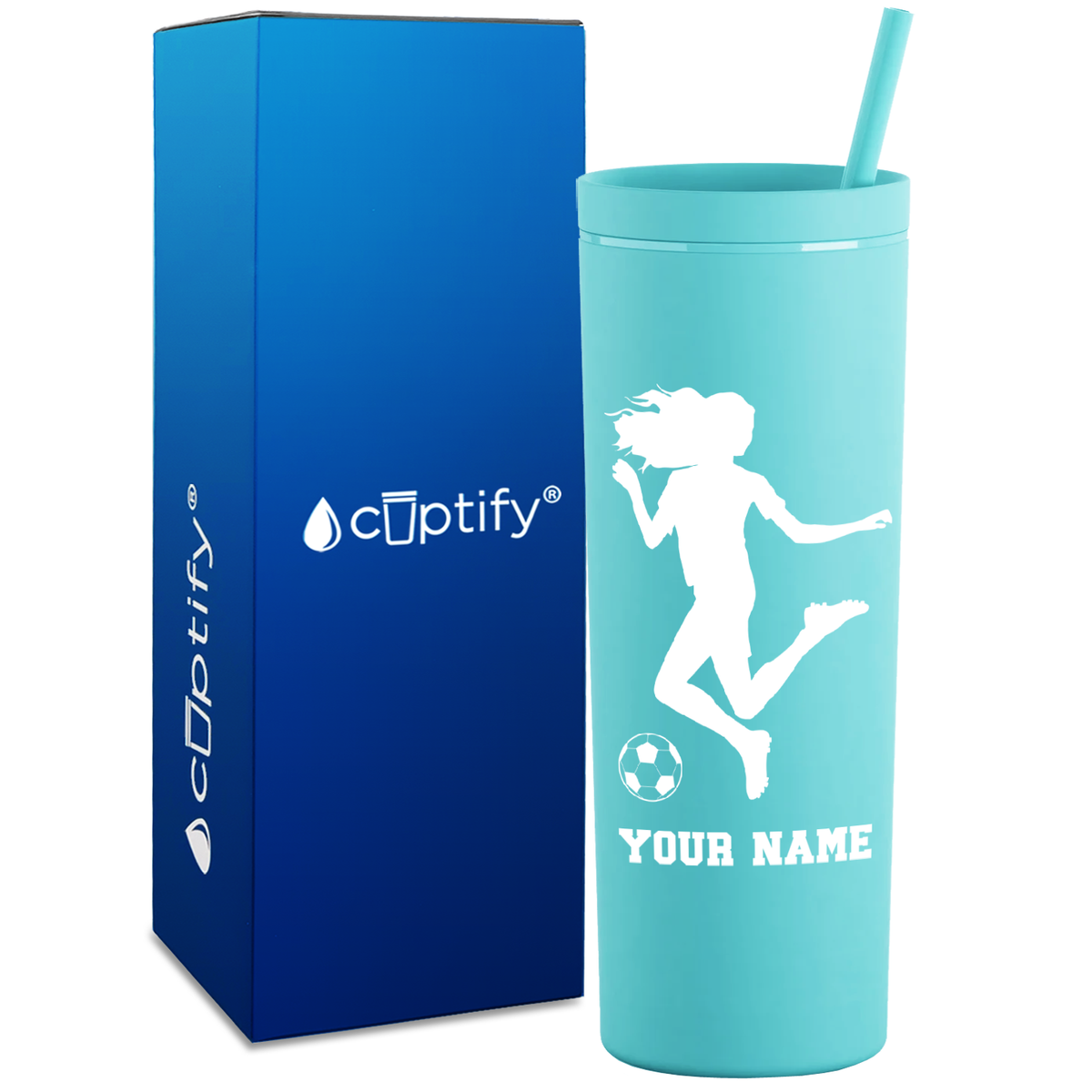 Personalized Soccer Player Female Kick on 18oz Acrylic Skinny Tumbler
