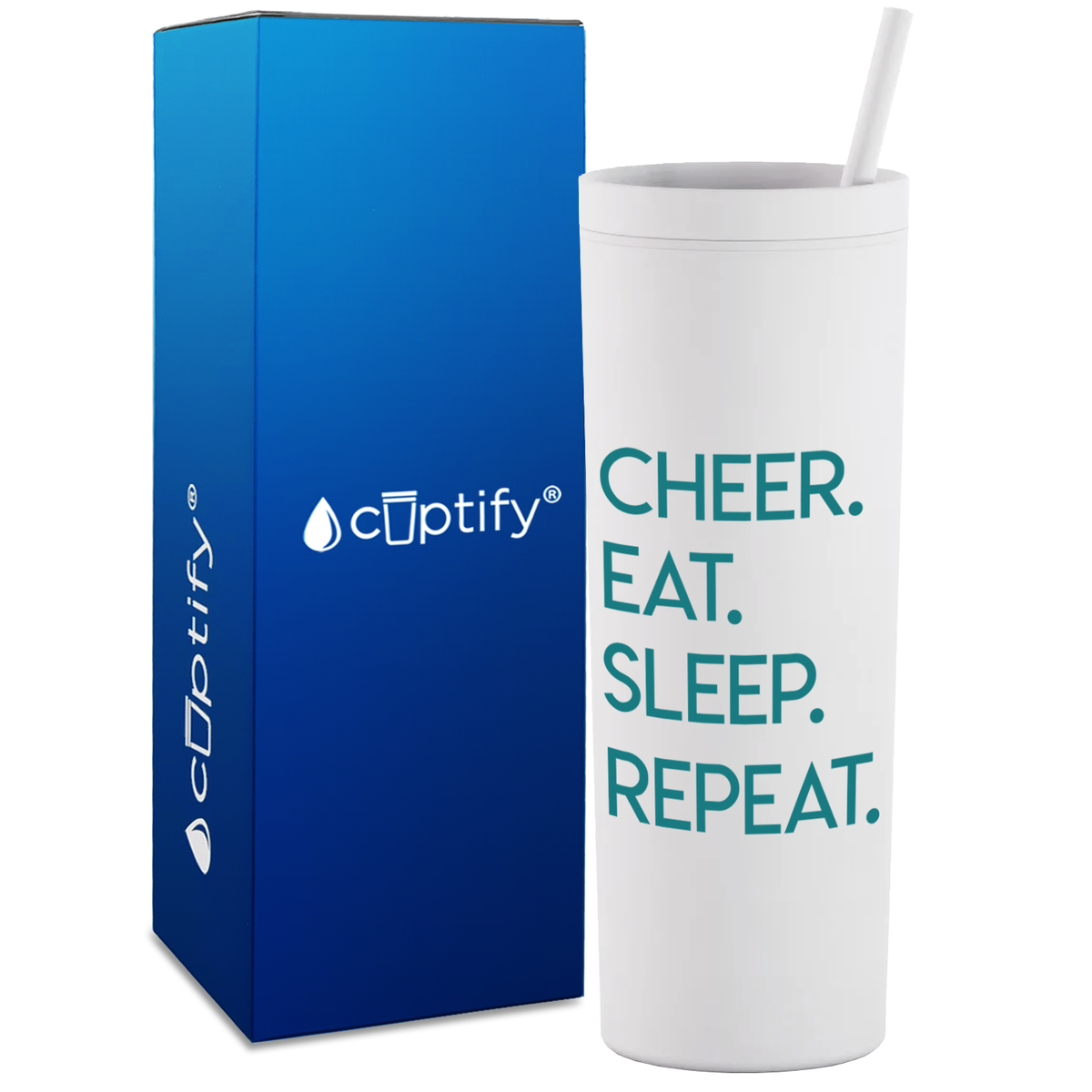 Eat Sleep Cheer Repeat on 18oz Acrylic Skinny Tumbler