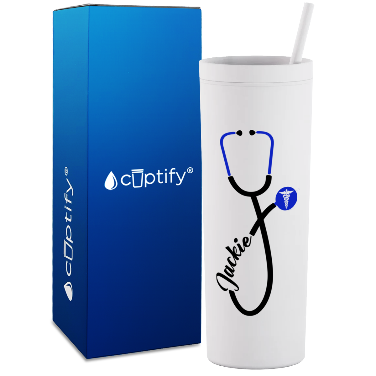 Personalized Blue Stethoscope Cadeceus on 18oz Acrylic Medical Tumbler