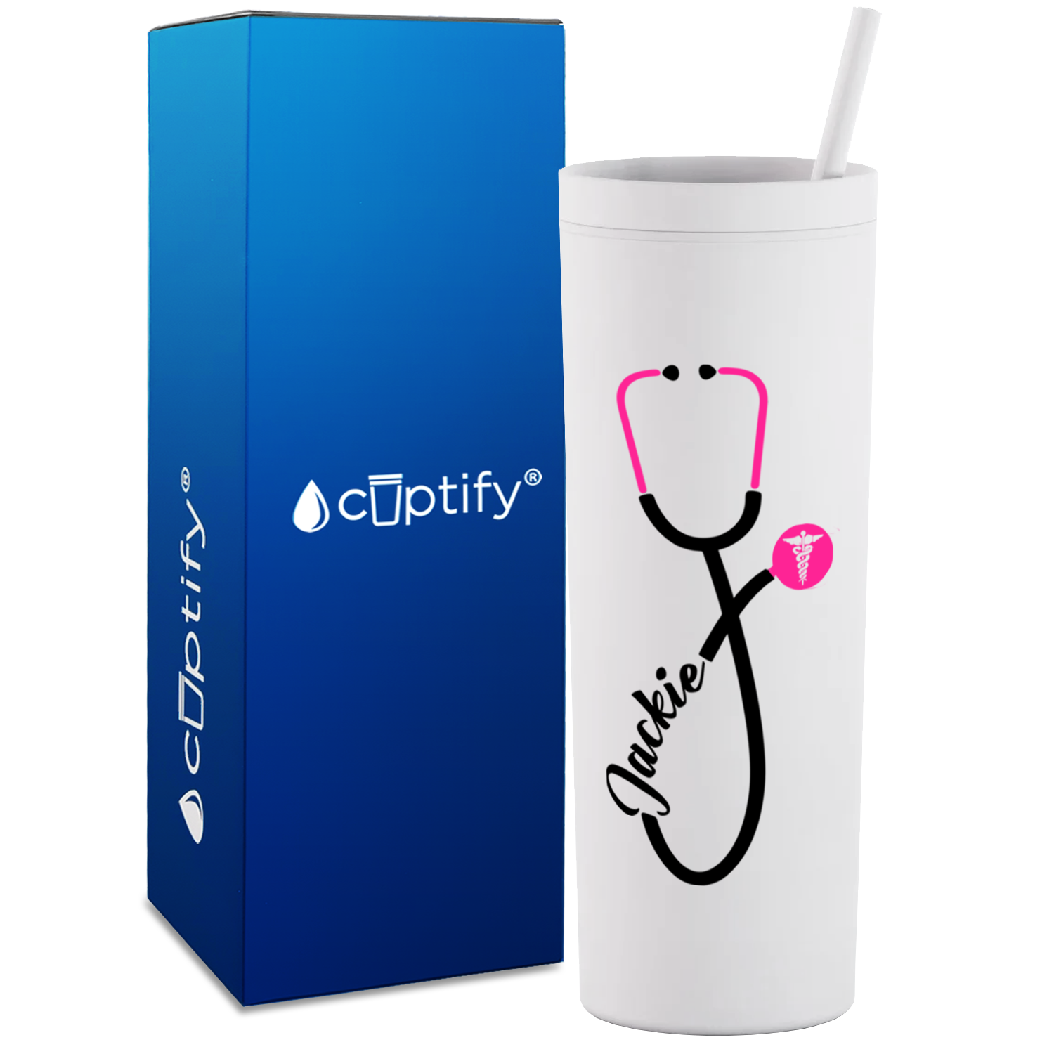 Personalized Pink Stethoscope Cadeceus on 18oz Acrylic Medical Tumbler