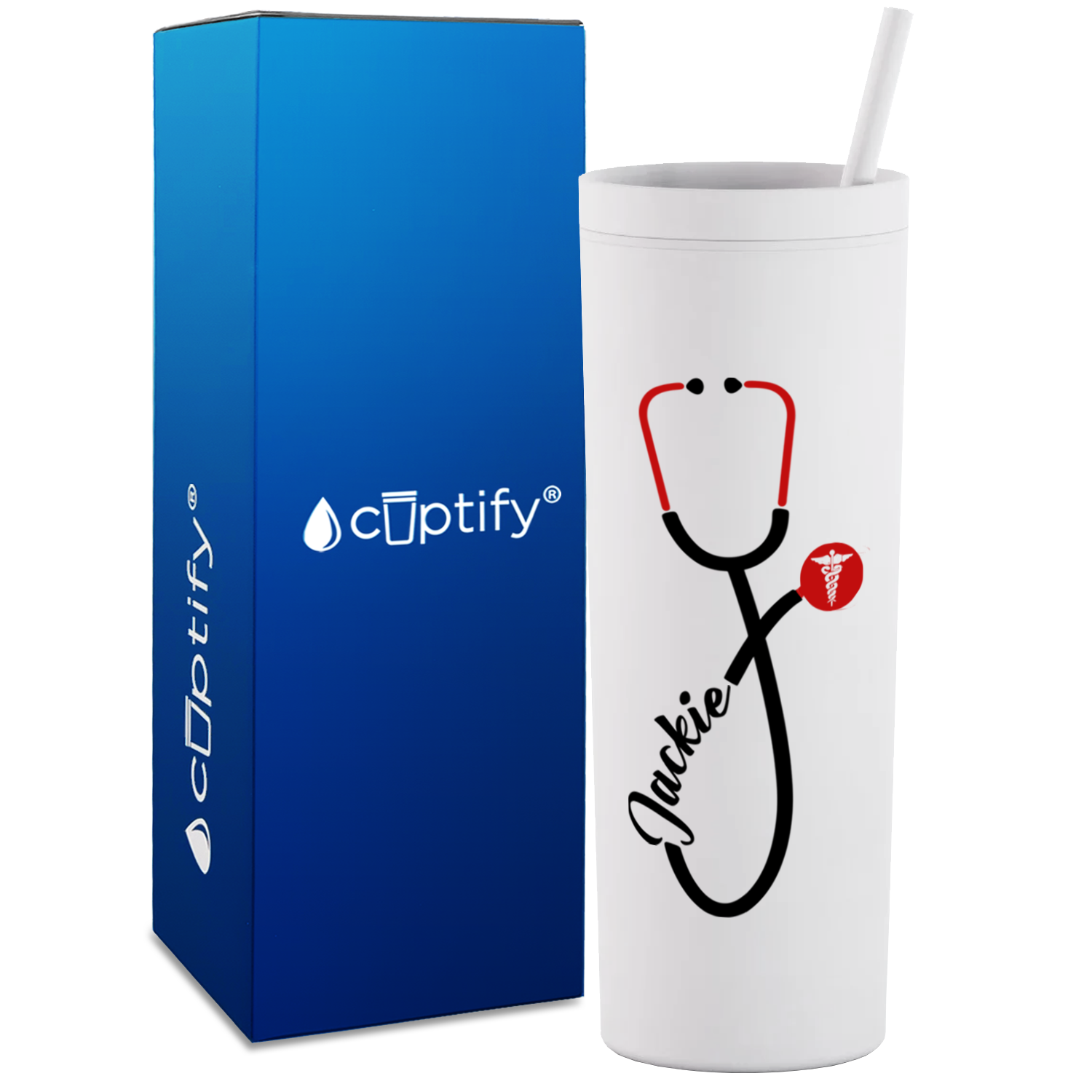 Personalized Red Stethoscope Cadeceus on 18oz Acrylic Medical Tumbler