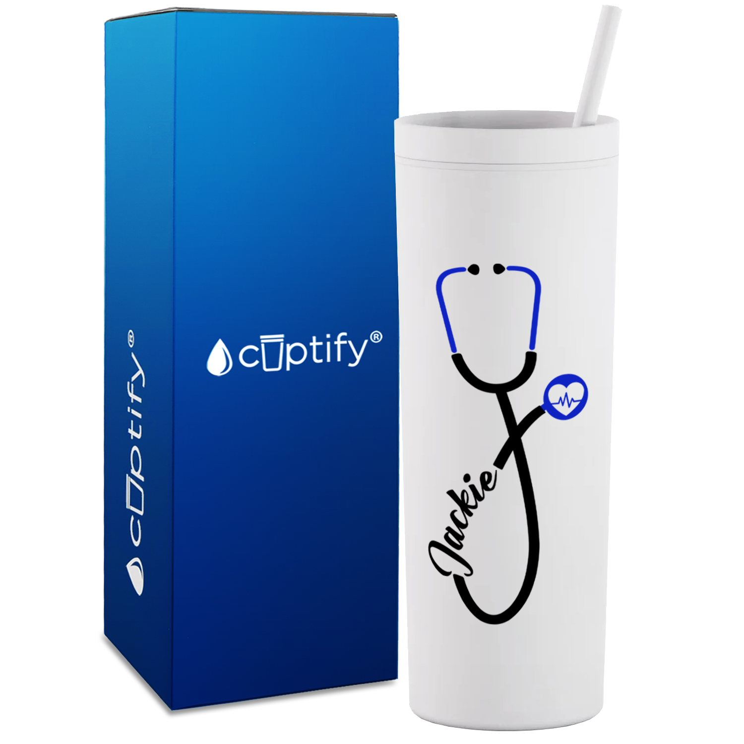 Personalized Blue Stethoscope Heart Beat on 18oz Acrylic Medical Tumbler