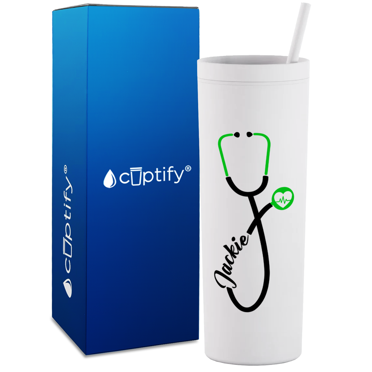 Personalized Green Stethoscope Heart Beat on 18oz Acrylic Medical Tumbler