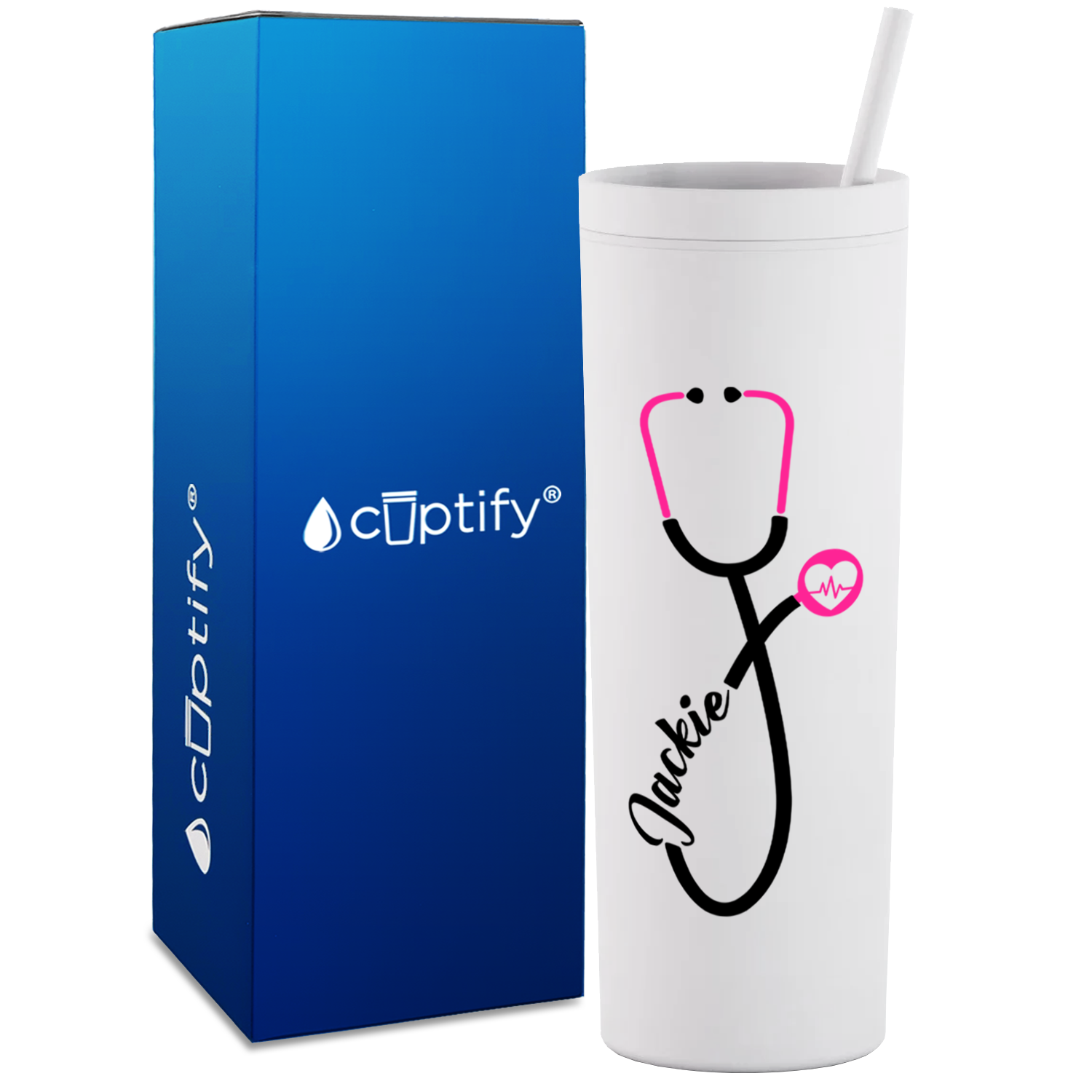 Personalized Pink Stethoscope Heart Beat on 18oz Acrylic Medical Tumbler