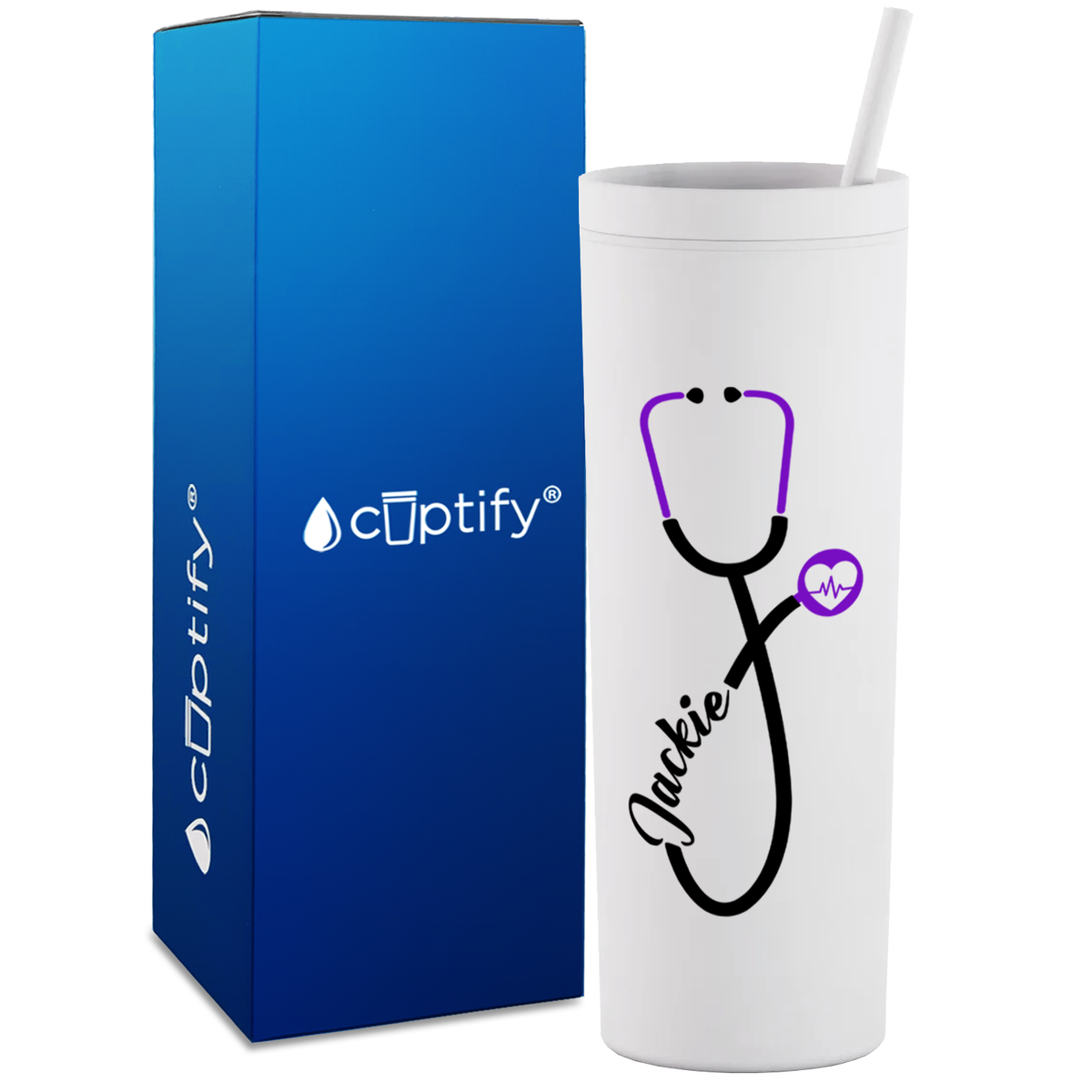 Personalized Purple Stethoscope Heart Beat on 18oz Acrylic Medical Tumbler