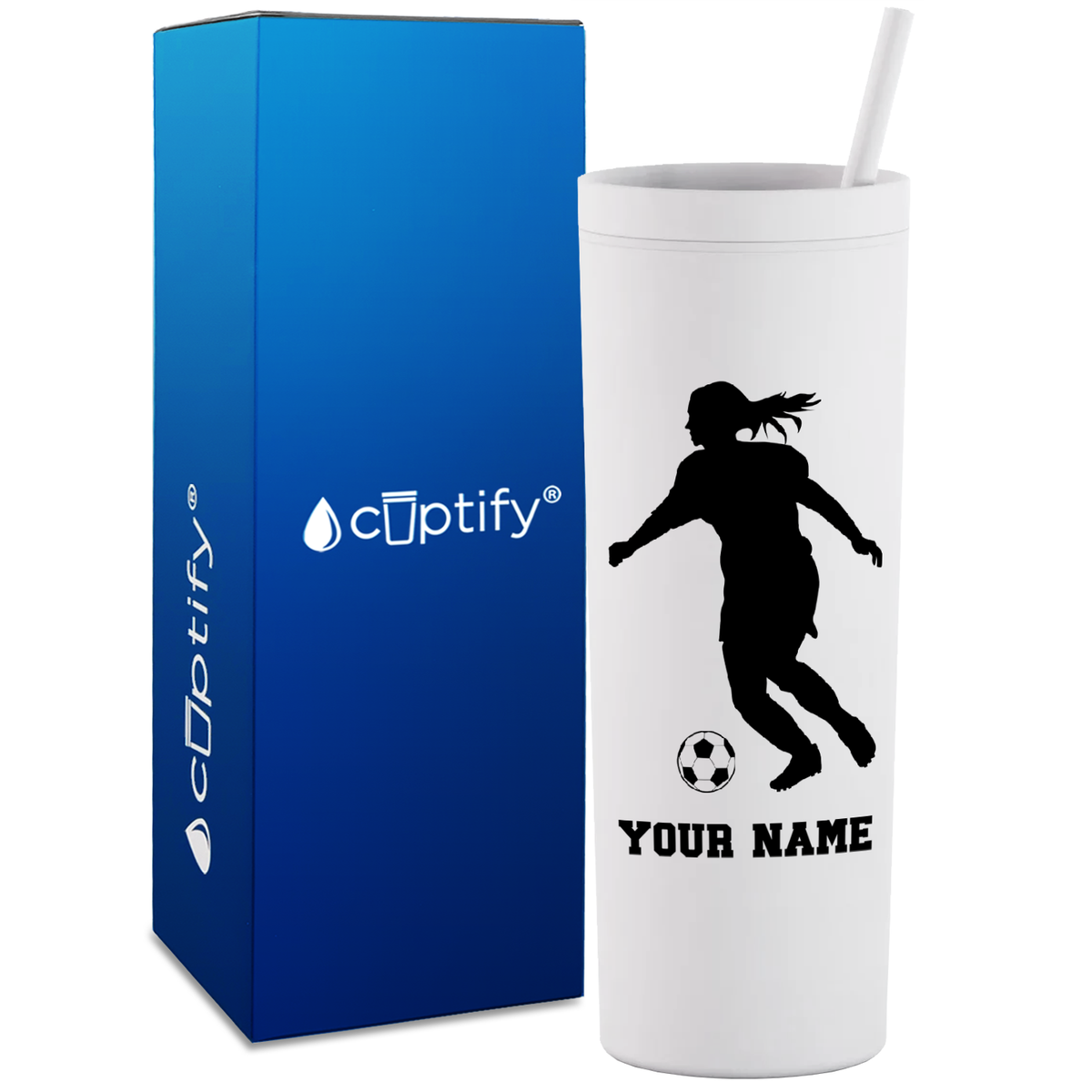 Personalized Soccer Player Female Silhouette on 18oz Acrylic Skinny Tumbler
