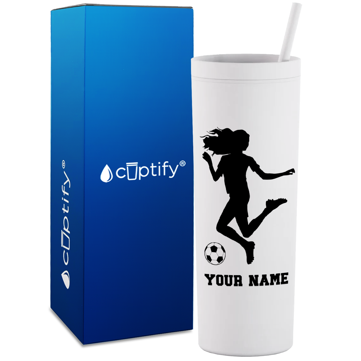 Personalized Soccer Player Female Kick on 18oz Acrylic Skinny Tumbler