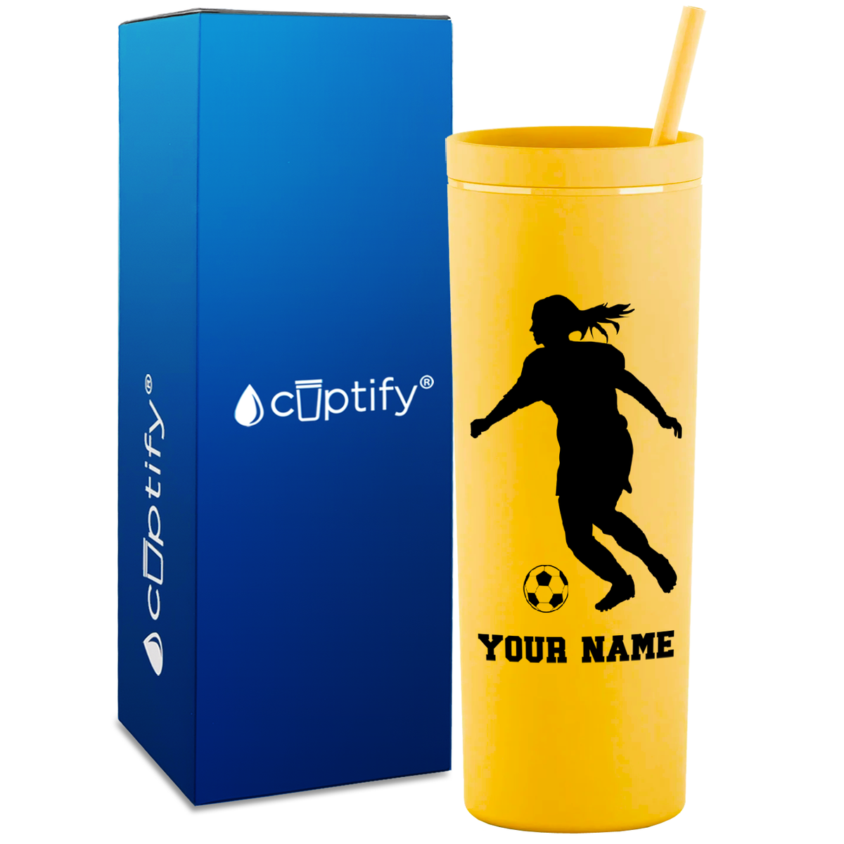 Personalized Soccer Player Female Silhouette on 18oz Acrylic Skinny Tumbler