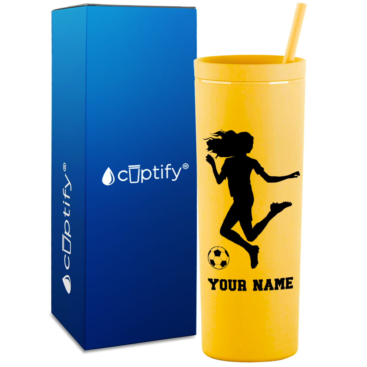 Personalized Soccer Player Female Kick on 18oz Acrylic Skinny Tumbler