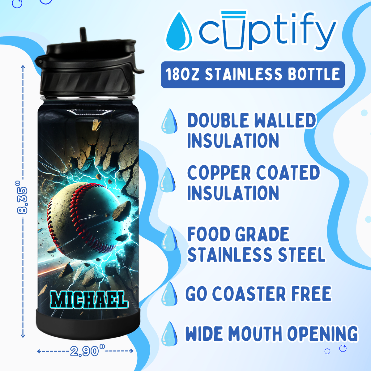 Personalized Baseball Breakthrough with Name 18oz Kids Water Bottle