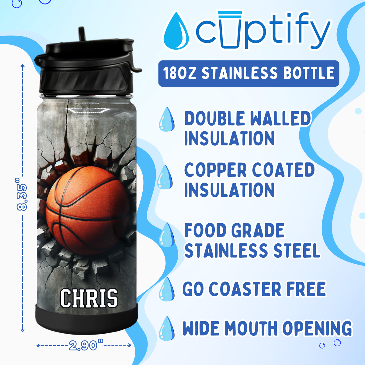 Personalized Basketball Blast with Name 18oz Kids Water Bottle