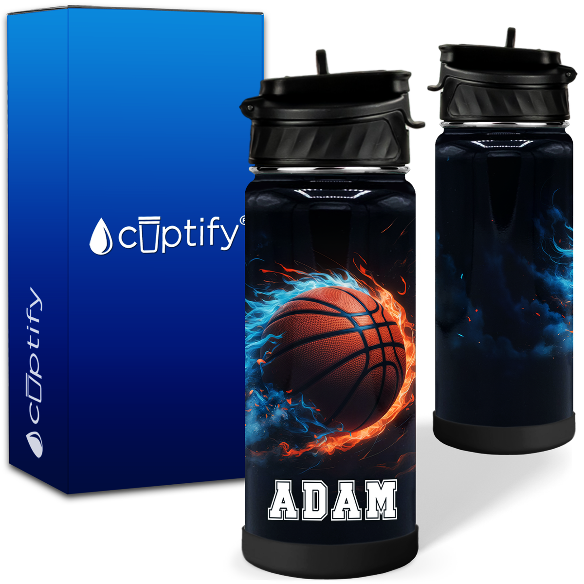 Personalized Basketball Fire and Ice with Name 18oz Kids Water Bottle
