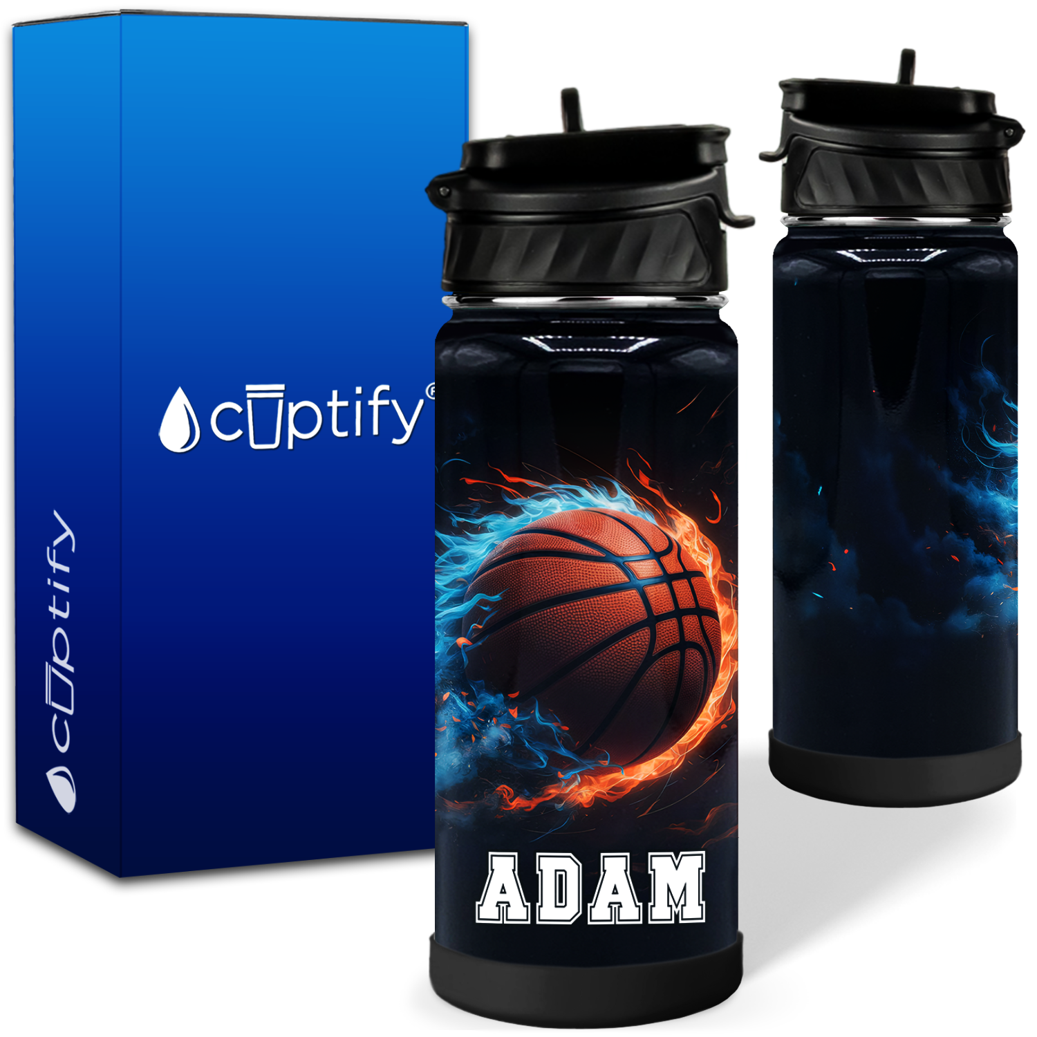Personalized Basketball Fire and Ice with Name 18oz Kids Water Bottle