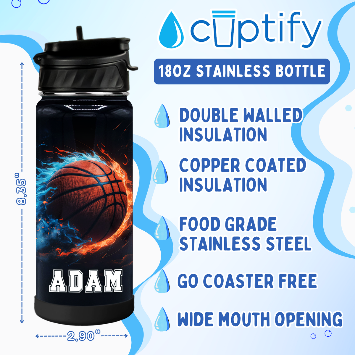 Personalized Basketball Fire and Ice with Name 18oz Kids Water Bottle
