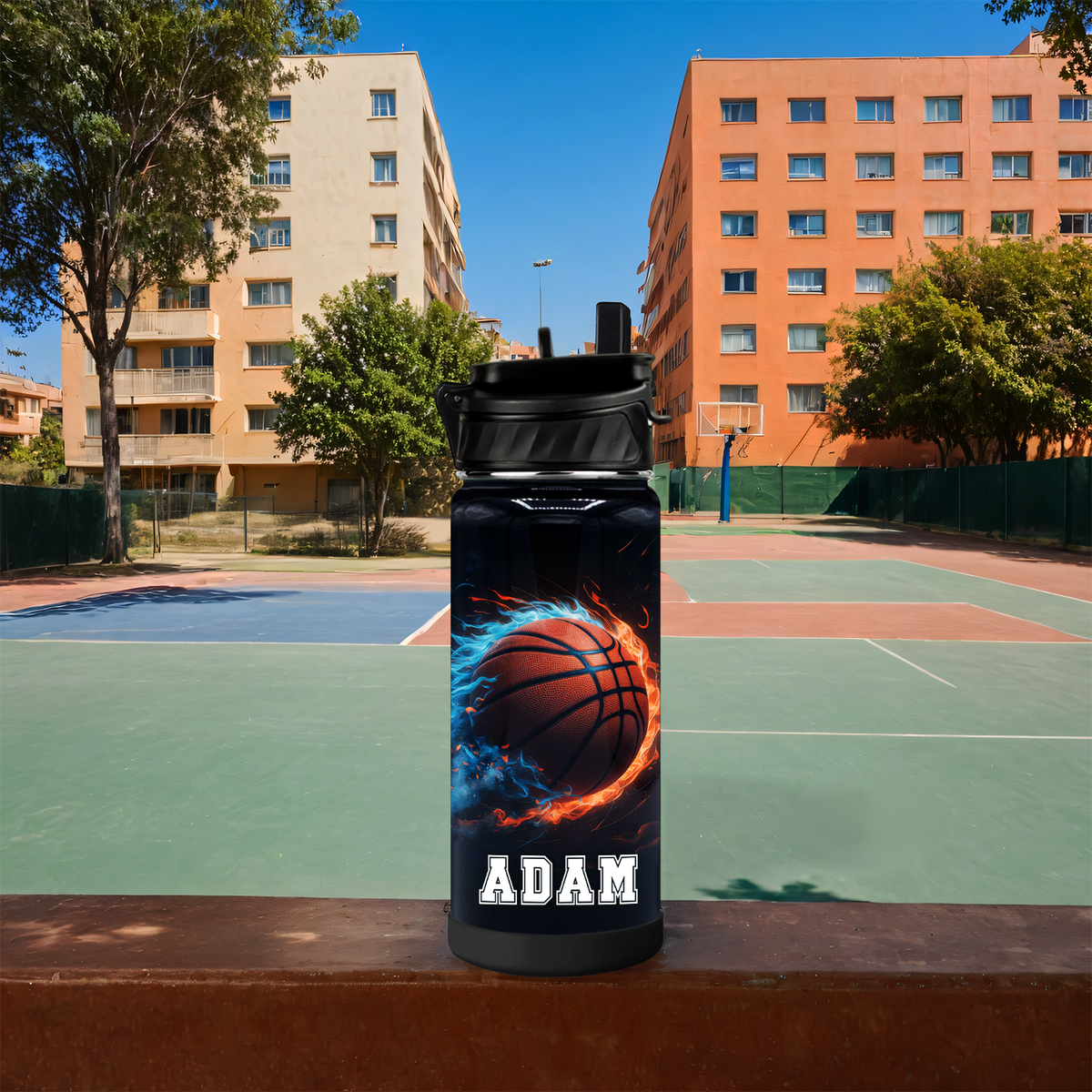 Personalized Basketball Fire and Ice with Name 18oz Kids Water Bottle