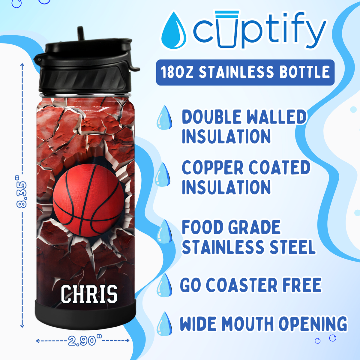 Personalized Basketball Power Play with Name 18oz Kids Water Bottle
