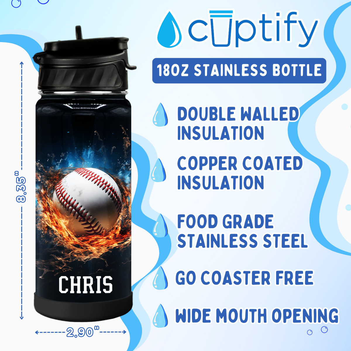Personalized Blazing Baseball Fastball with Name 18oz Kids Water Bottle