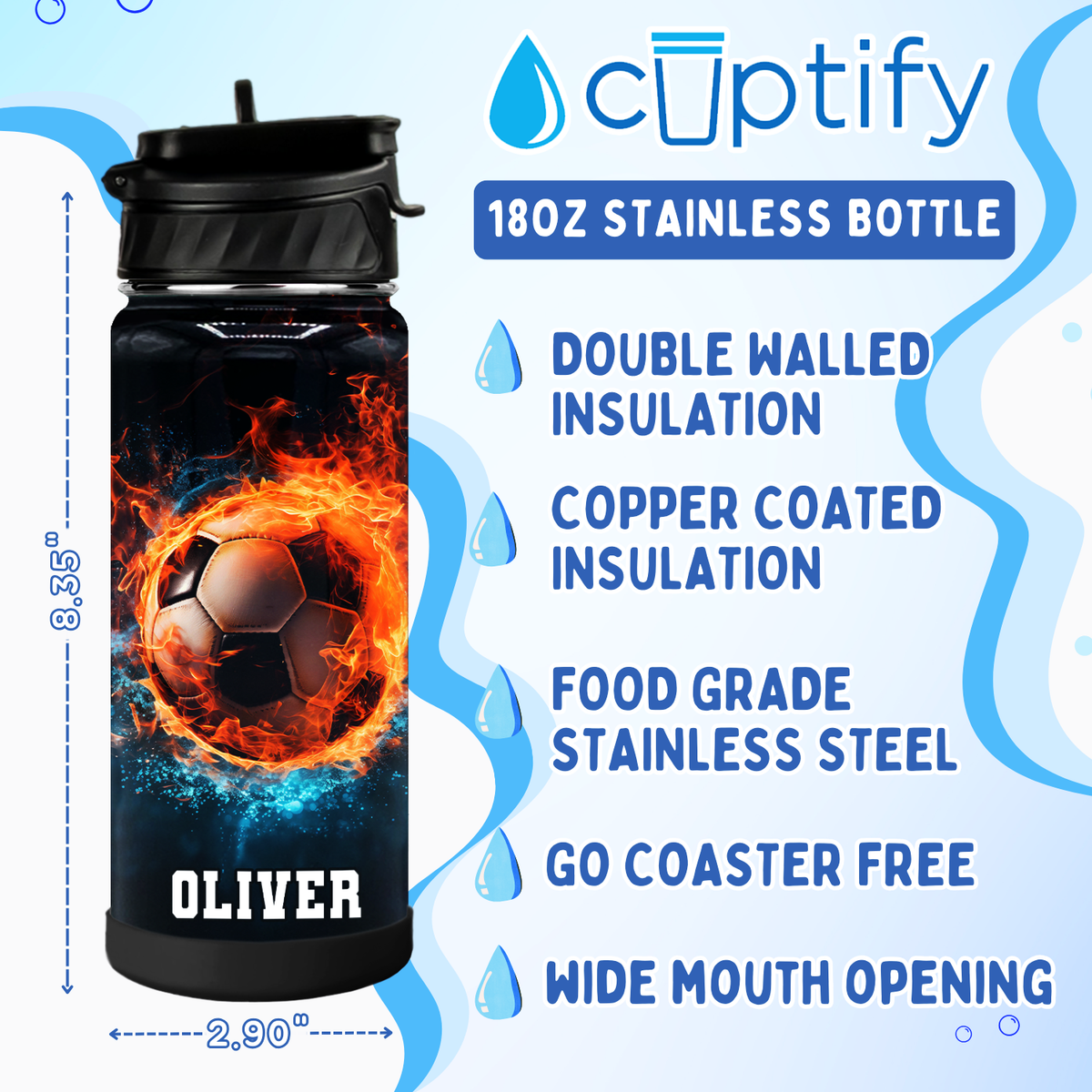 Personalized Soccer Fire and Ice with Name 18oz Kids Water Bottle