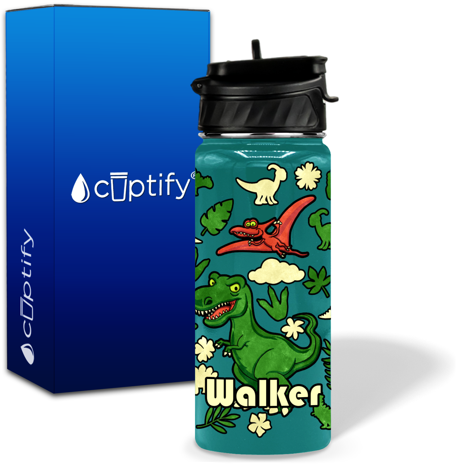 Green Dinosaur 18oz Personalized Kids Water Bottle