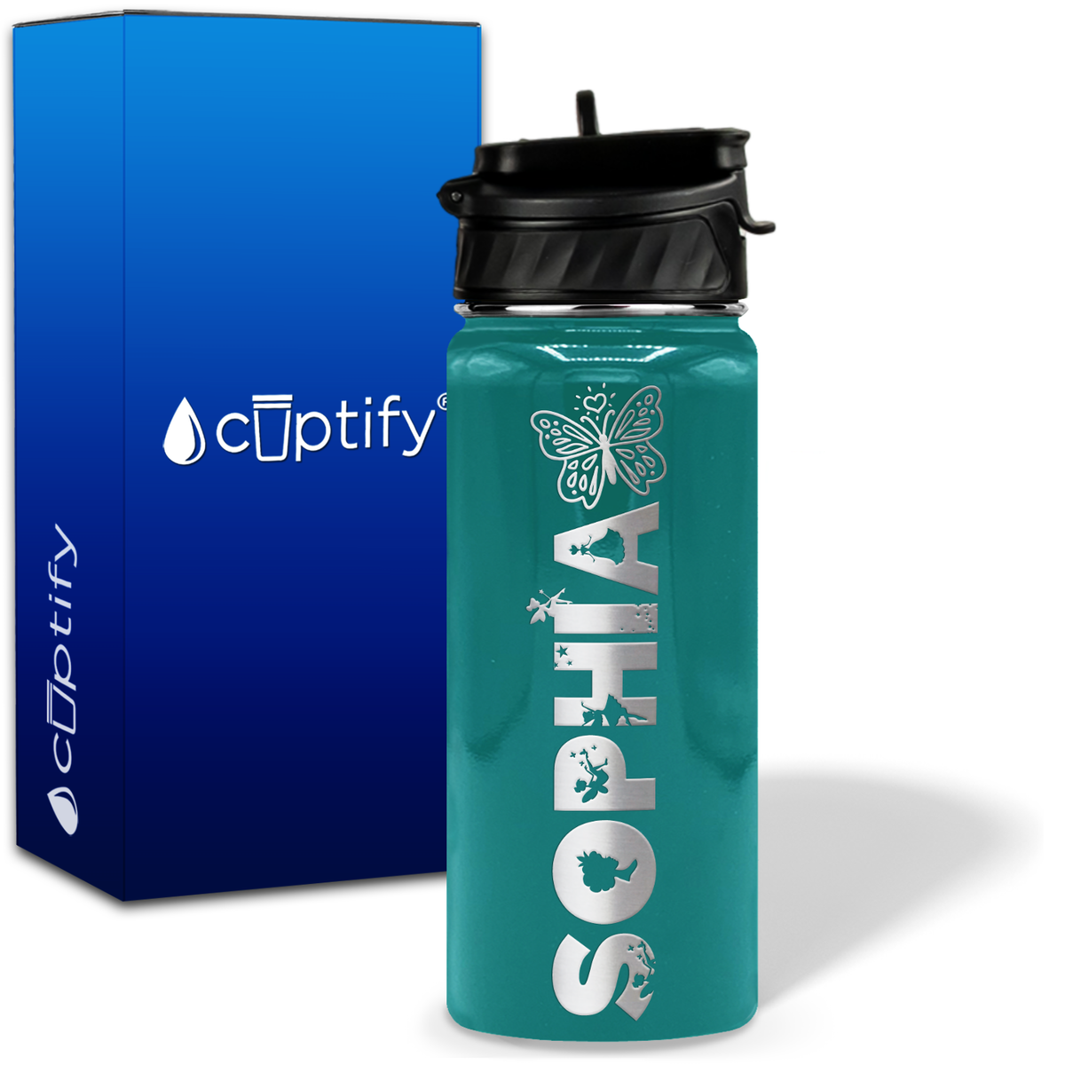 Personalized Heart Butterfly with Name and Icon on 18oz Wide Mouth Kids Water Bottle