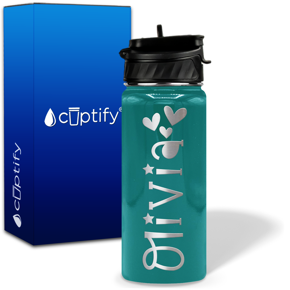 Personalized Hearts with Name and Icon on 18oz Wide Mouth Kids Water Bottle