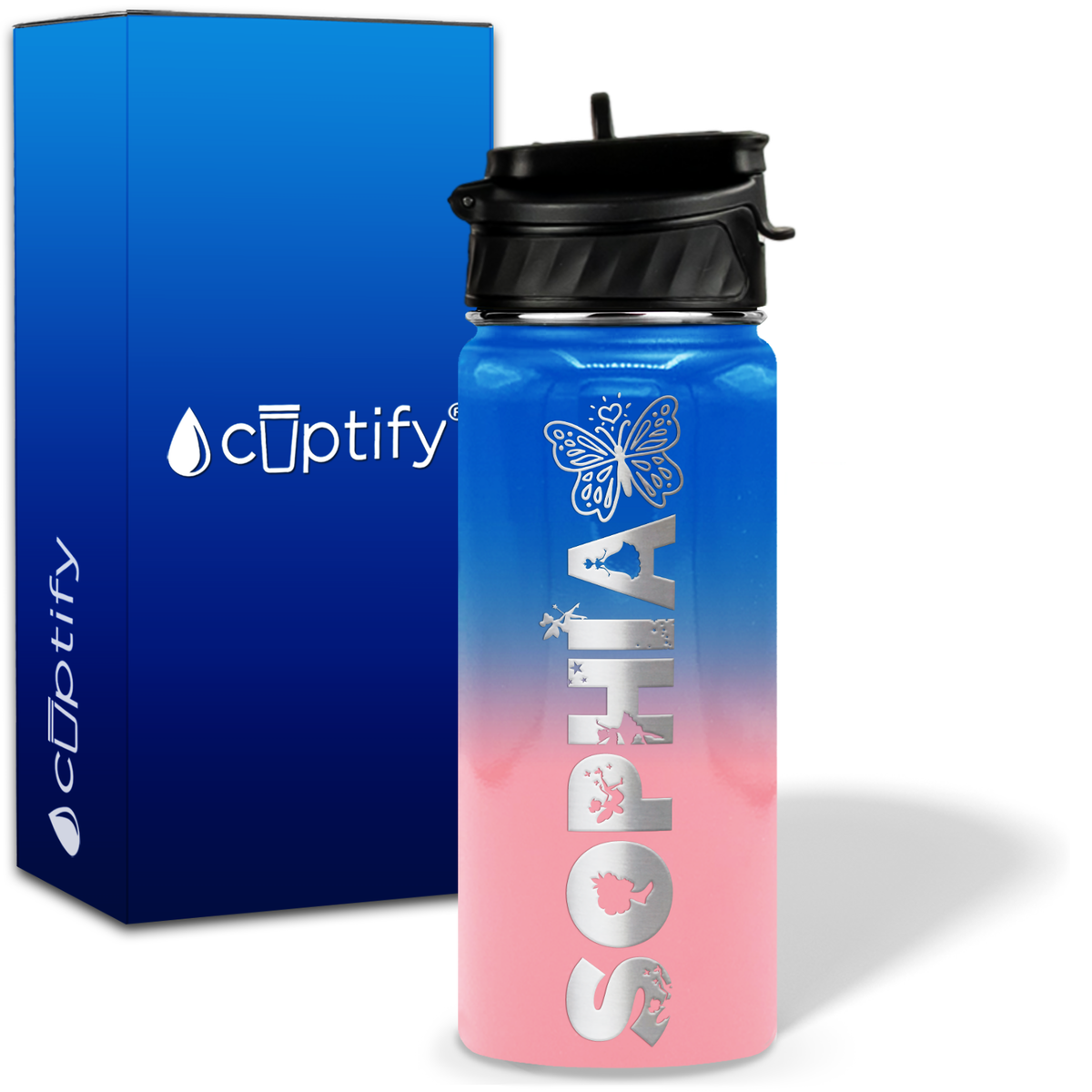 Personalized Heart Butterfly with Name and Icon on 18oz Wide Mouth Kids Water Bottle