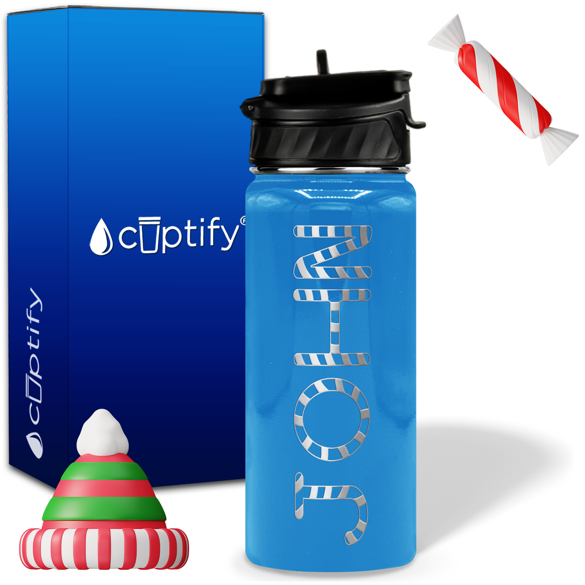 Personalized Candy Canes on 18oz Christmas Water Bottle