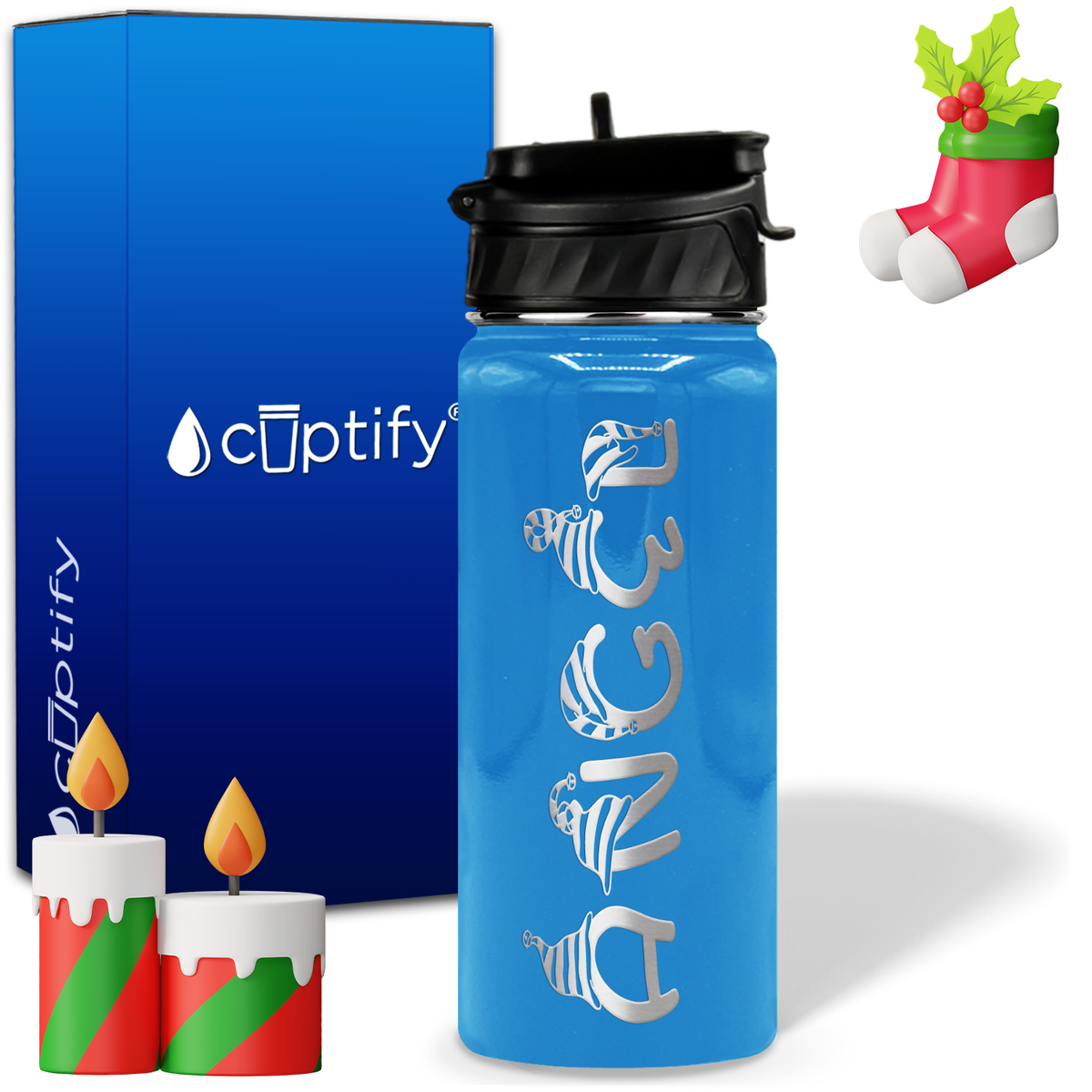 Elfen Christmas Font on 18oz Personalized Water Bottle