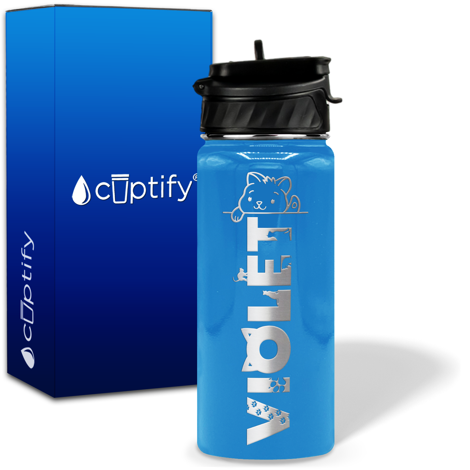 Personalized Cat Waving with Name and Icon on 18oz Wide Mouth Kids Water Bottle