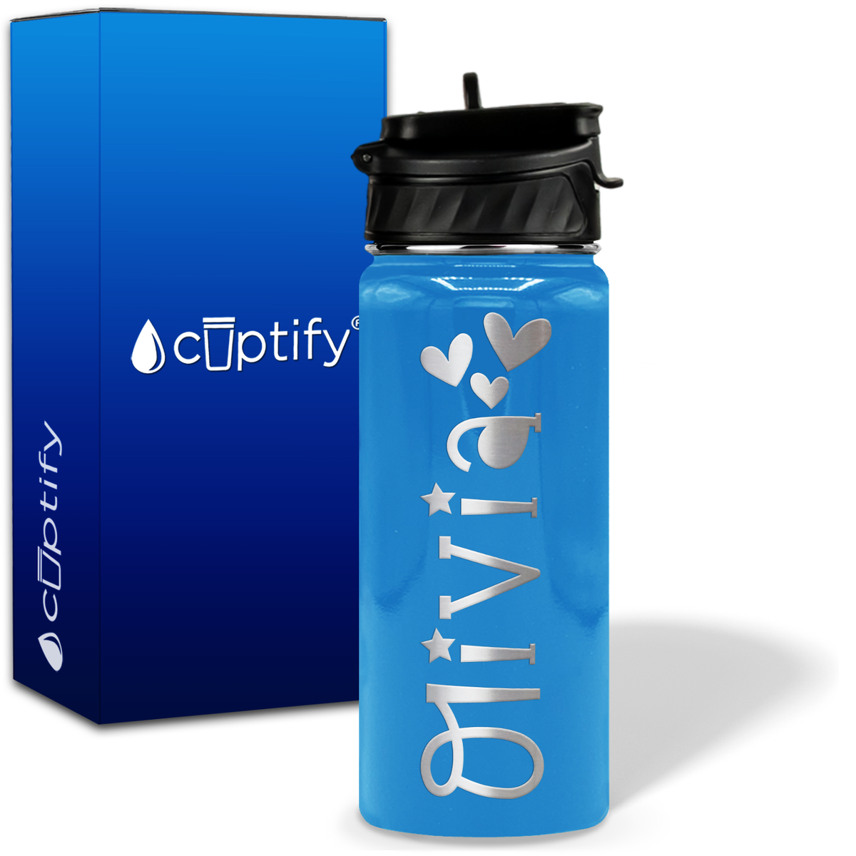 Personalized Hearts with Name and Icon on 18oz Wide Mouth Kids Water Bottle