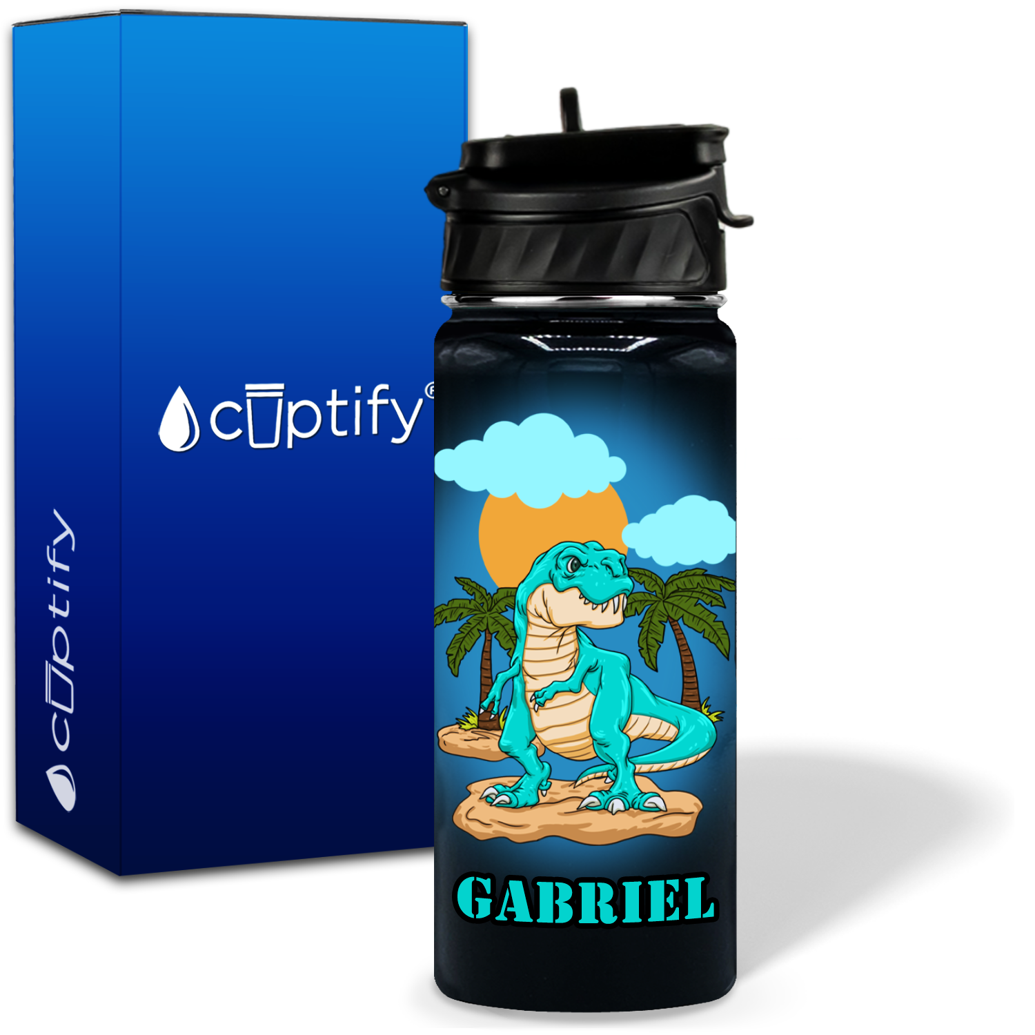 Blue Dinosaur T-Rex 18oz Personalized Kids Water Bottle